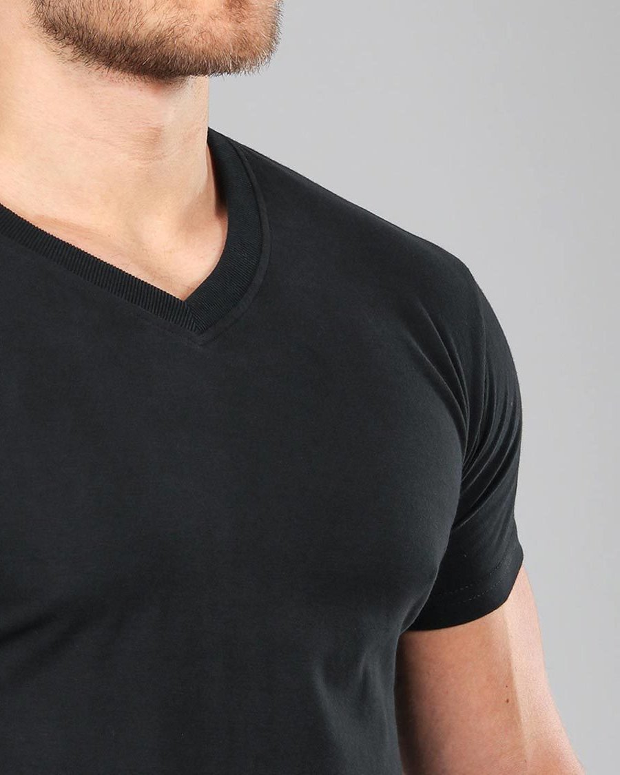 Men s Black V Neck Fitted Plain T Shirt Muscle Fit Basics