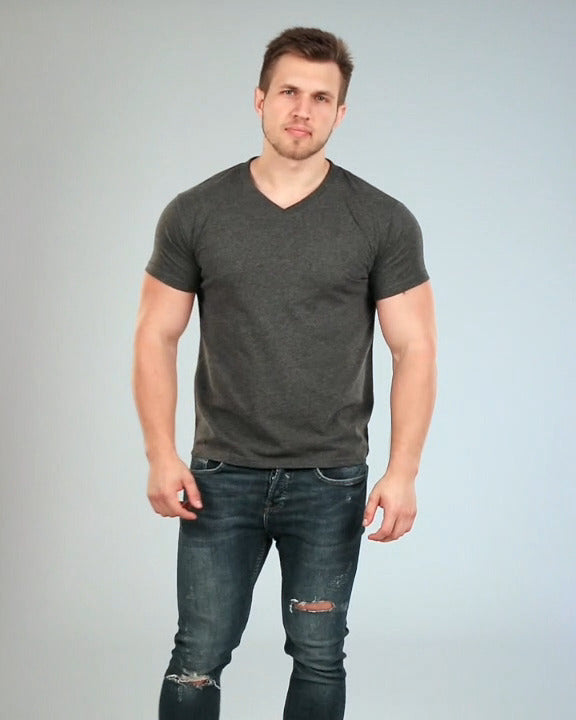 V Neck Basic Muscle Fitted Plain T Shirt Dark Grey